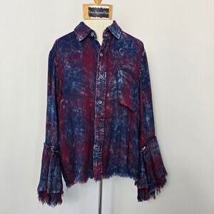 Vintage Havana Blue Red Button Down Long Bell Sleeves w/fringe Top Sz Small (675